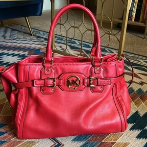 Michael Kors Hudson Red Gold Logo Belted Large Tote Bag